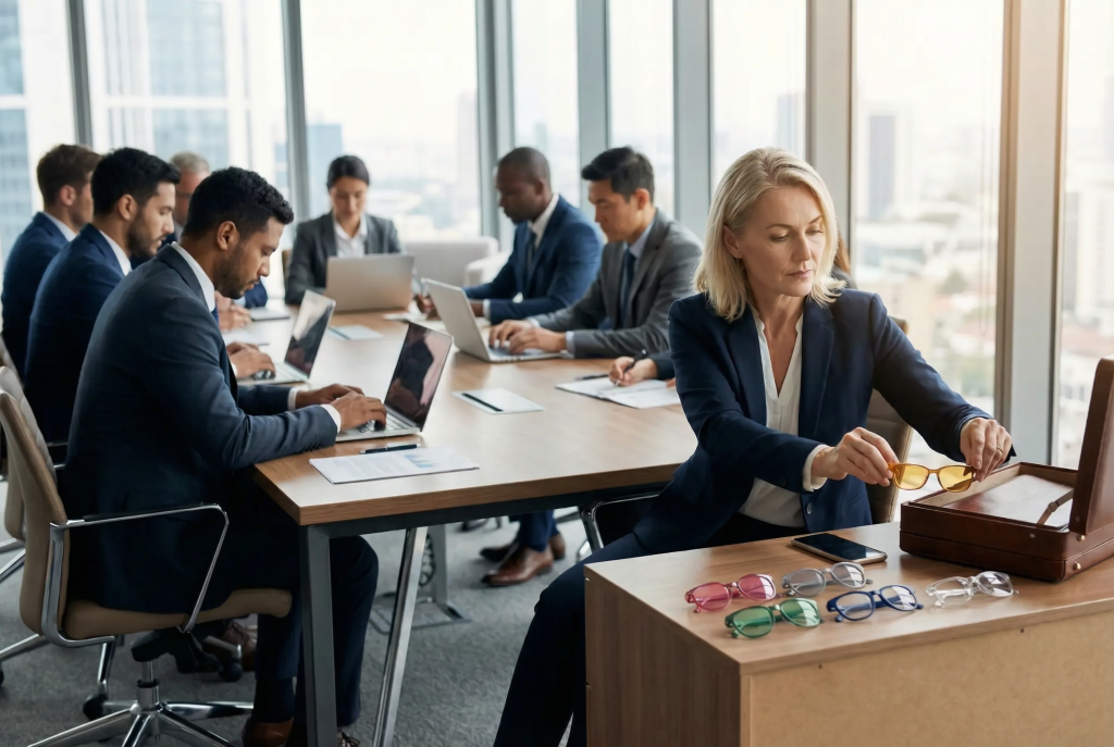 Führungskraft hält farbige Brille, Team arbeitet im Hintergrund – Adaptives Mindset Seminar, Petra Schlerit
