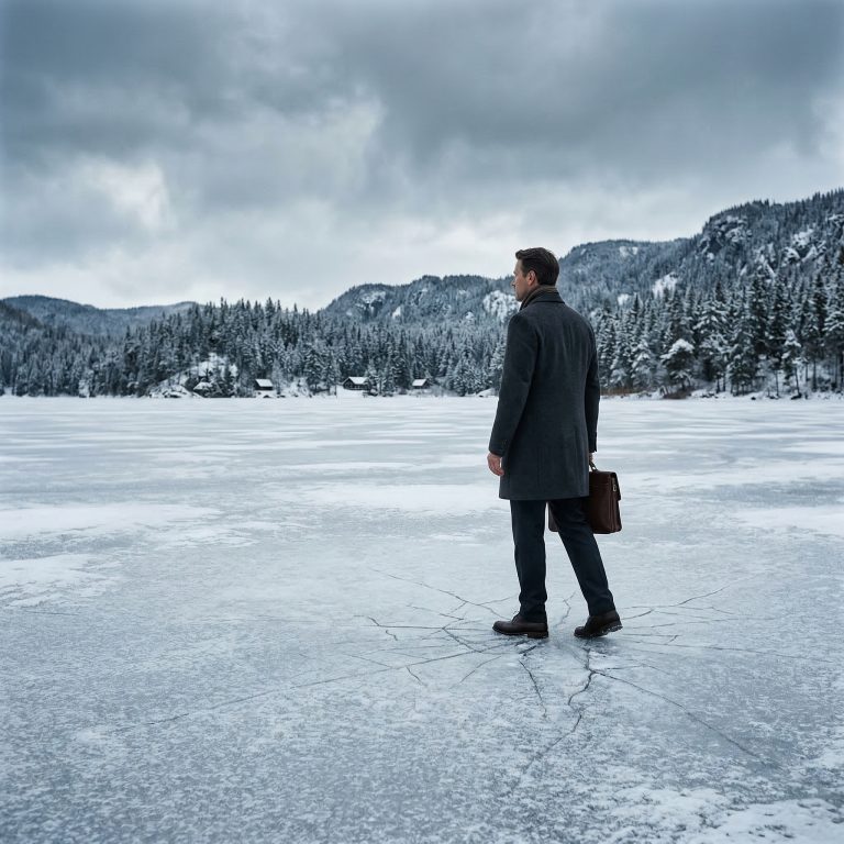 Mann steht allein auf rissigeм Eis mit Aktentasche – Quiet Cracking Hybrid Leadership, Petra Schlerit