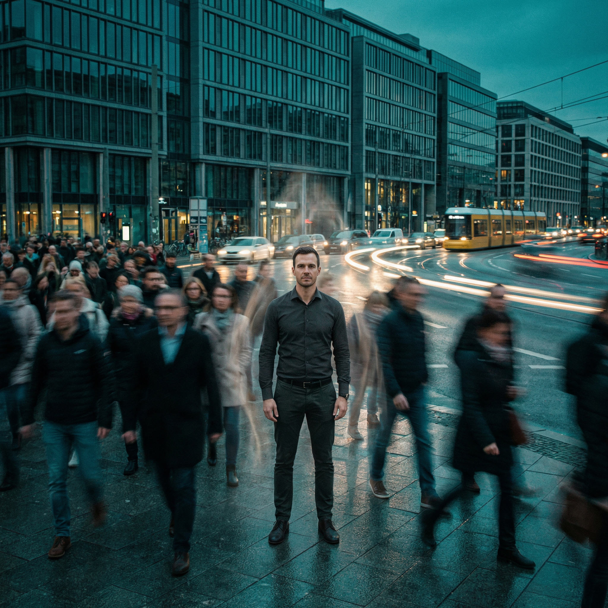 Mann steht ruhig im Zentrum hektischer Rushhour-Menschenmenge – Seminar Petra Schlerit
