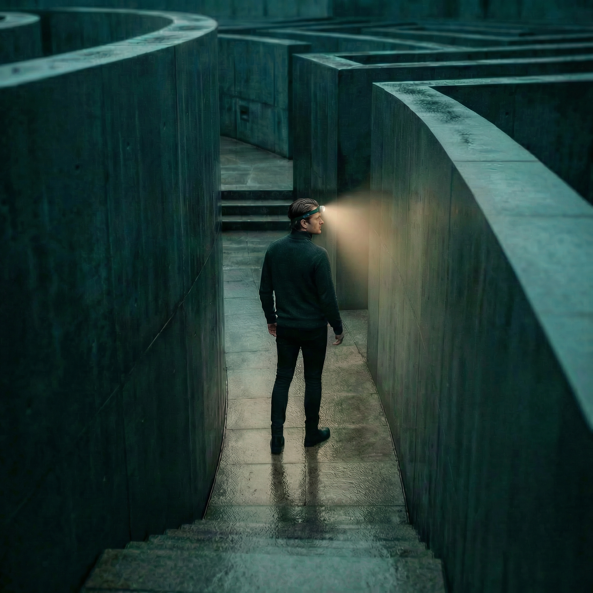 Mann mit Stirnlampe navigiert selbstsicher durch Betonlabyrinth – Seminar Petra Schlerit