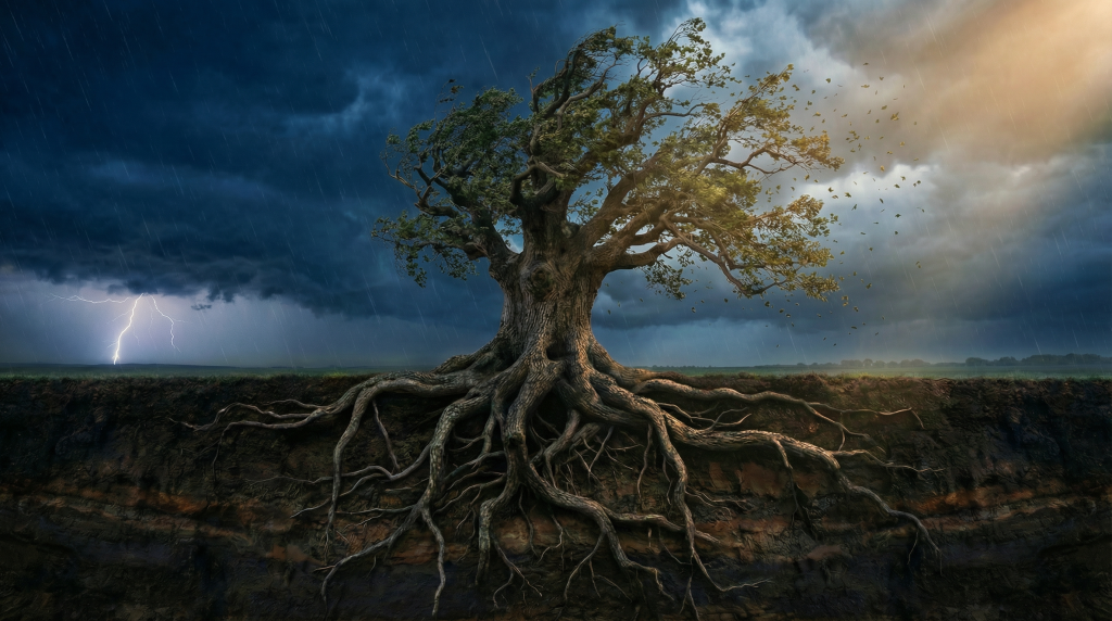 Starker Baum mit tiefen Wurzeln steht fest im Sturm – Resilienz Seminar, Petra Schlerit