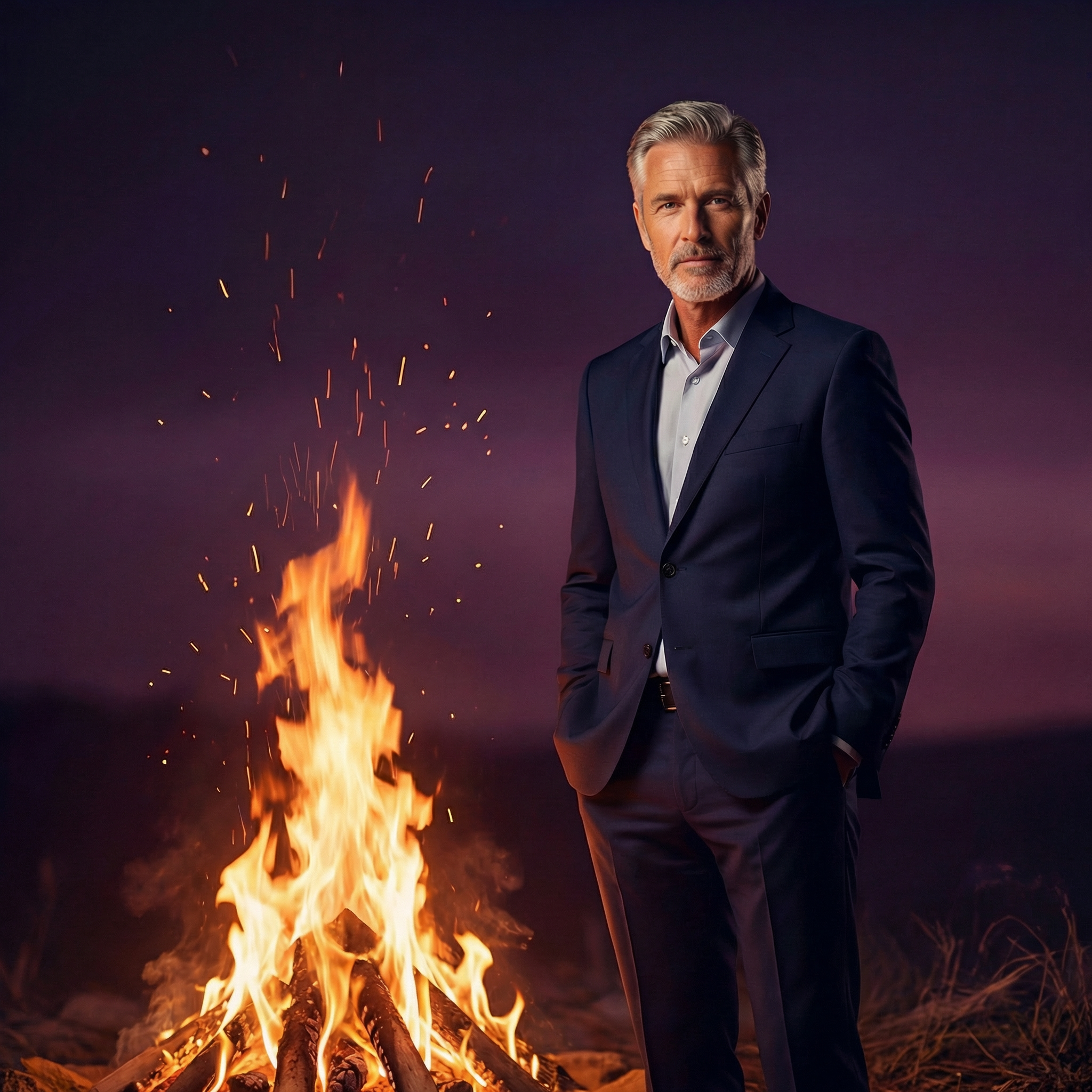 Mann im Anzug steht neben einem brennenden Lagerfeuer. Konflikte sind wie Feuer, notwendig und gefährlich. Seminar von Petra Schlerit