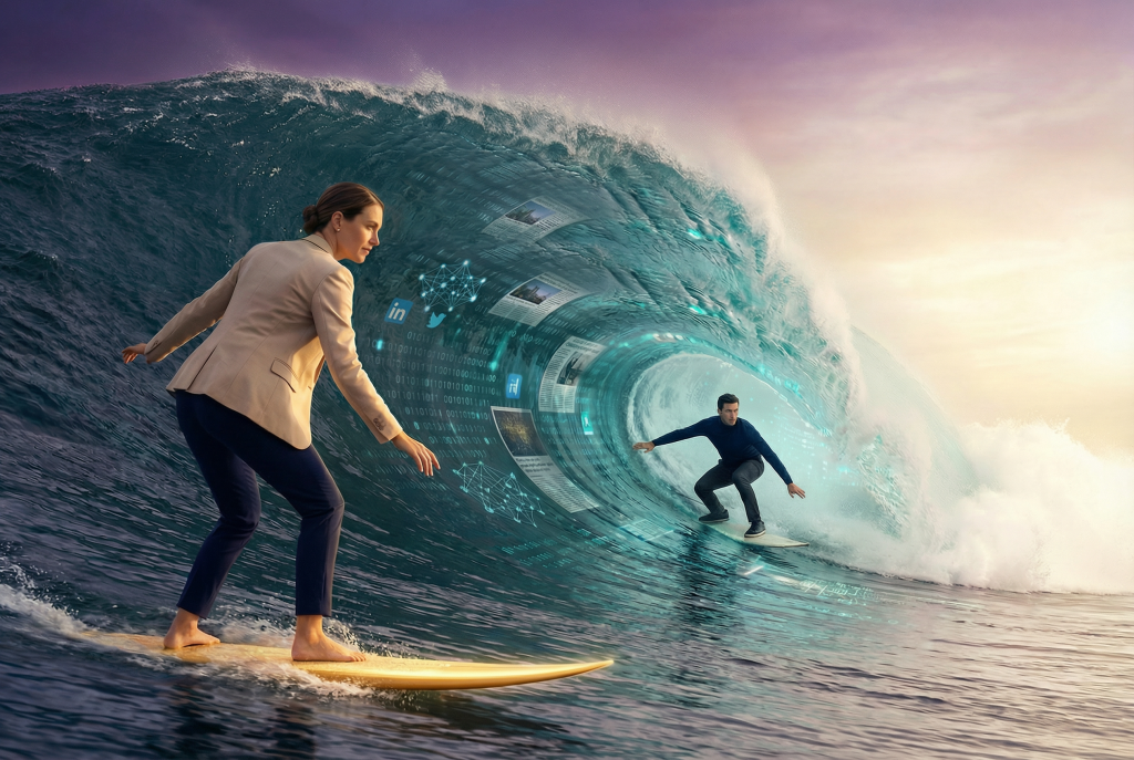 Zwei Führungskräfte surfen Datenwelle – Metapher kognitive Souveränität, Seminar Kritisches Denken, Petra Isabel Schlerit