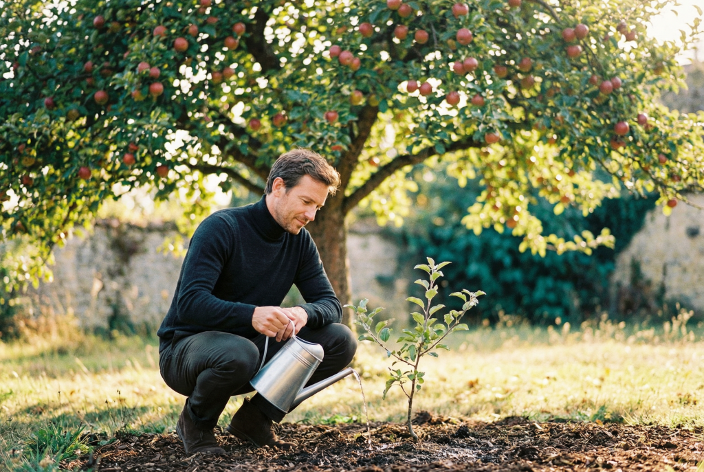 Mann giesst Setzling vor grossem Apfelbaum im Sonnenlicht – Achtsamkeit Seminar, Petra Schlerit