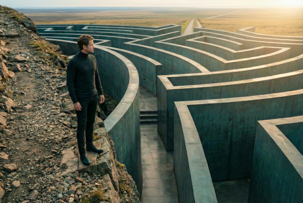 Mann steht auf Felsen und blickt souveraen auf weitlaeuftiges Labyrinth – Selbstfuehrung Seminar, Petra Schlerit