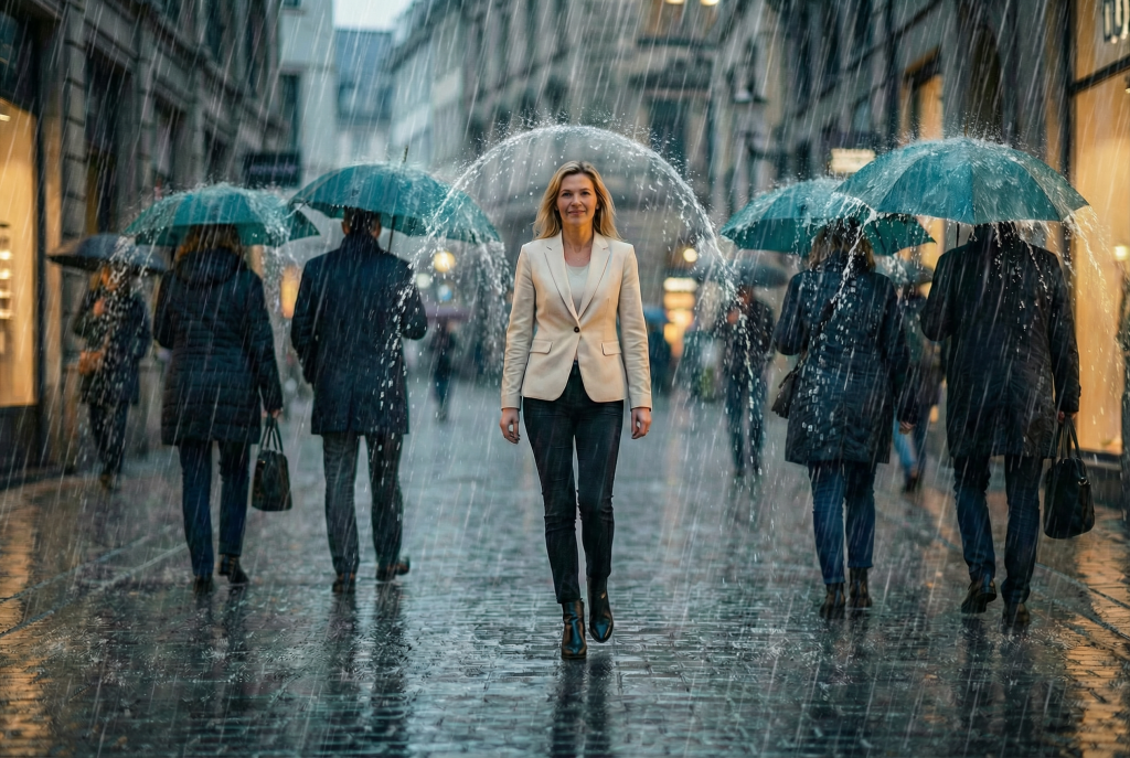 Frau geht laechelnd ohne Schirm durch Regen und ist geschuetzt, andere brauchen einen Schirm – Stressresilienz Seminar, Petra Schlerit