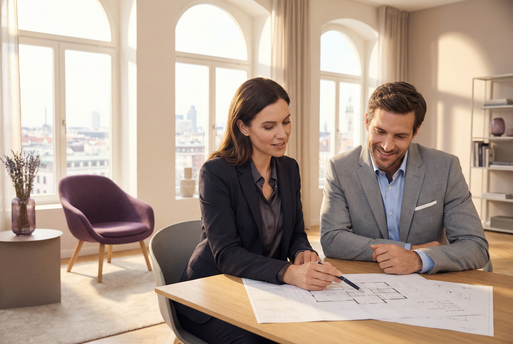 Frau und Mann arbeiten laechelnd gemeinsam an Plan vor Bogenfenstern – Erwartungsmanagement Seminar, Petra Schlerit