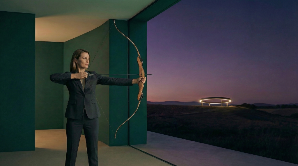 Frau im Anzug zieht Bogen auf leuchtenden Zielring im Abendhimmel – Impulskontrolle Seminar, Petra Schlerit