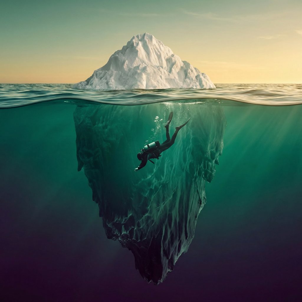 Taucher erkundet riesigen Eisberg unter Wasser, kleiner Teil ragt oben heraus – Kommunikation Seminar, Petra Schlerit