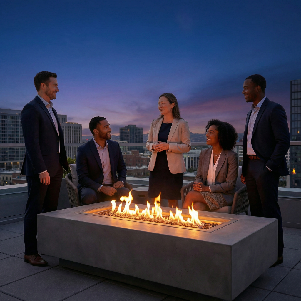 Fuenf Personen im Gespraech um Feuerschale auf Dachterrasse – Konfliktkompetenz Seminar, Petra Schlerit