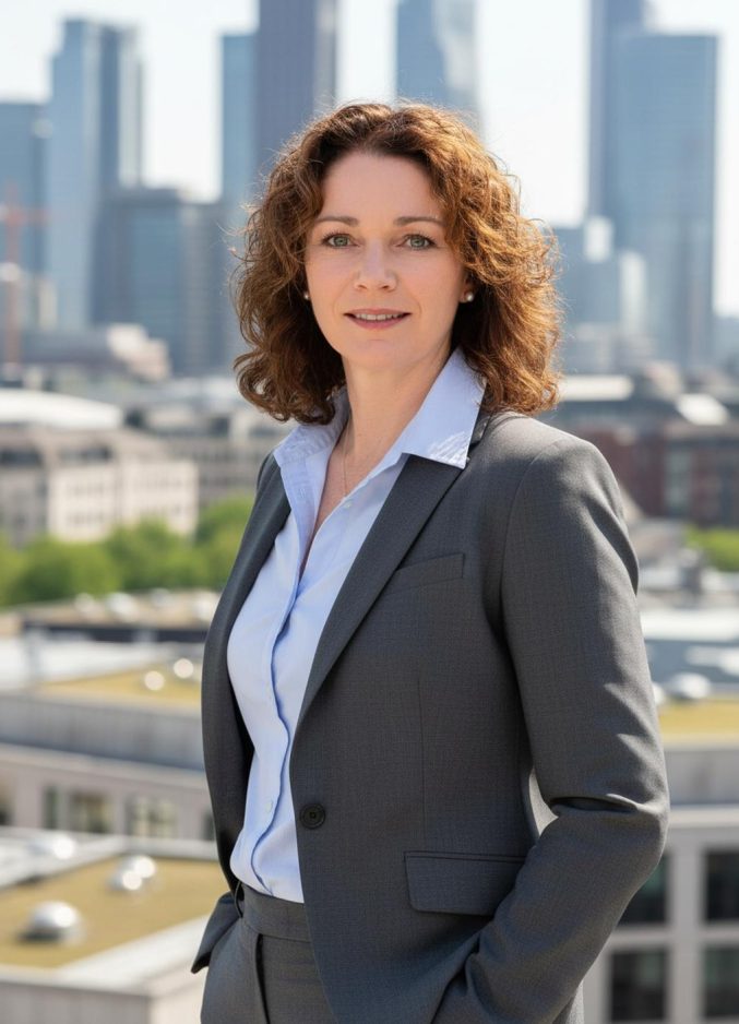 Petra Isabel Schlerit - Top100 Trainerin, Business Coach, VR-Expert, Autorin fuer Lernkonzepte im Anzug vor Skyline